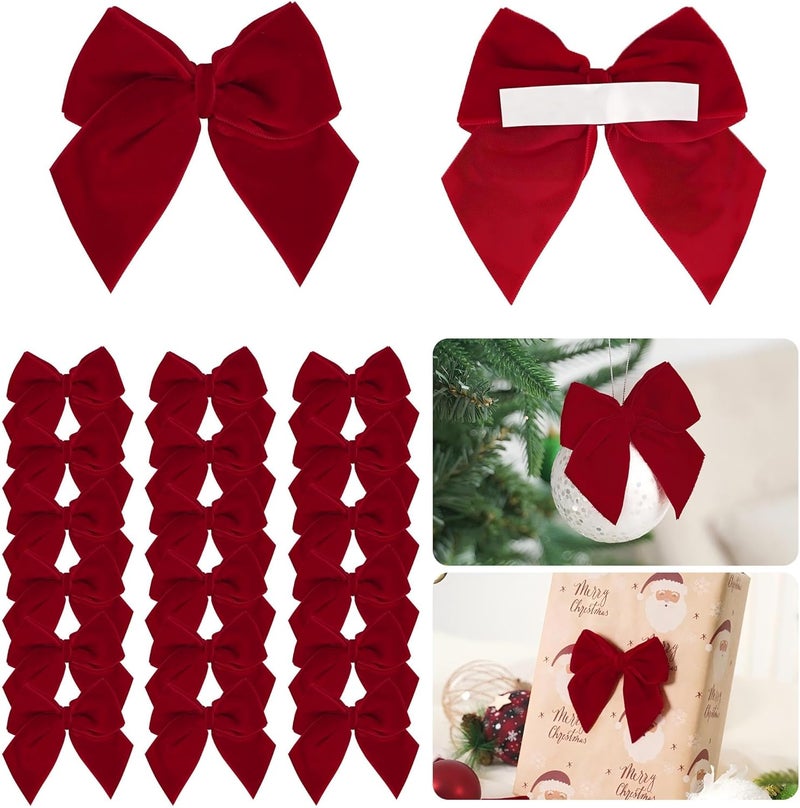 LiBongTa 3.5" Red Bows Small Velvet Ribbon Bow for Decoration, Self Adhesive Gift Bows, Rustic Bows for Christmas Tree, Treat Bags, Candy Pop, Basket, Party Favor, Craft Bow for Gift Wrapping-24 PCs - Image 1